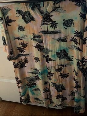 Denim & Flower Pastel Peach, Teal & Black Tropical Print Shirt